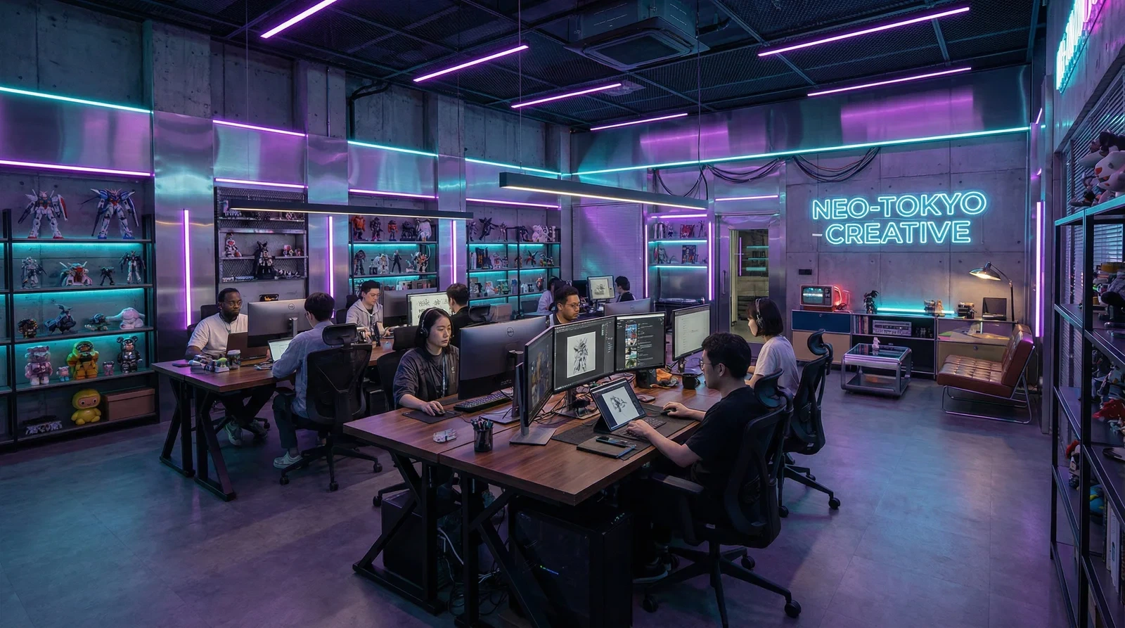 原神同人团队赛博朋克风格创意办公室环境